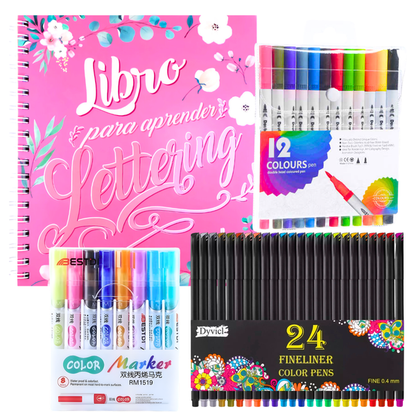 Kit Libro Lettering De 158 Páginas + 3 Set De Plumones