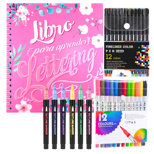 Kit Libro Lettering De 158 Páginas + 3 Set De Plumones