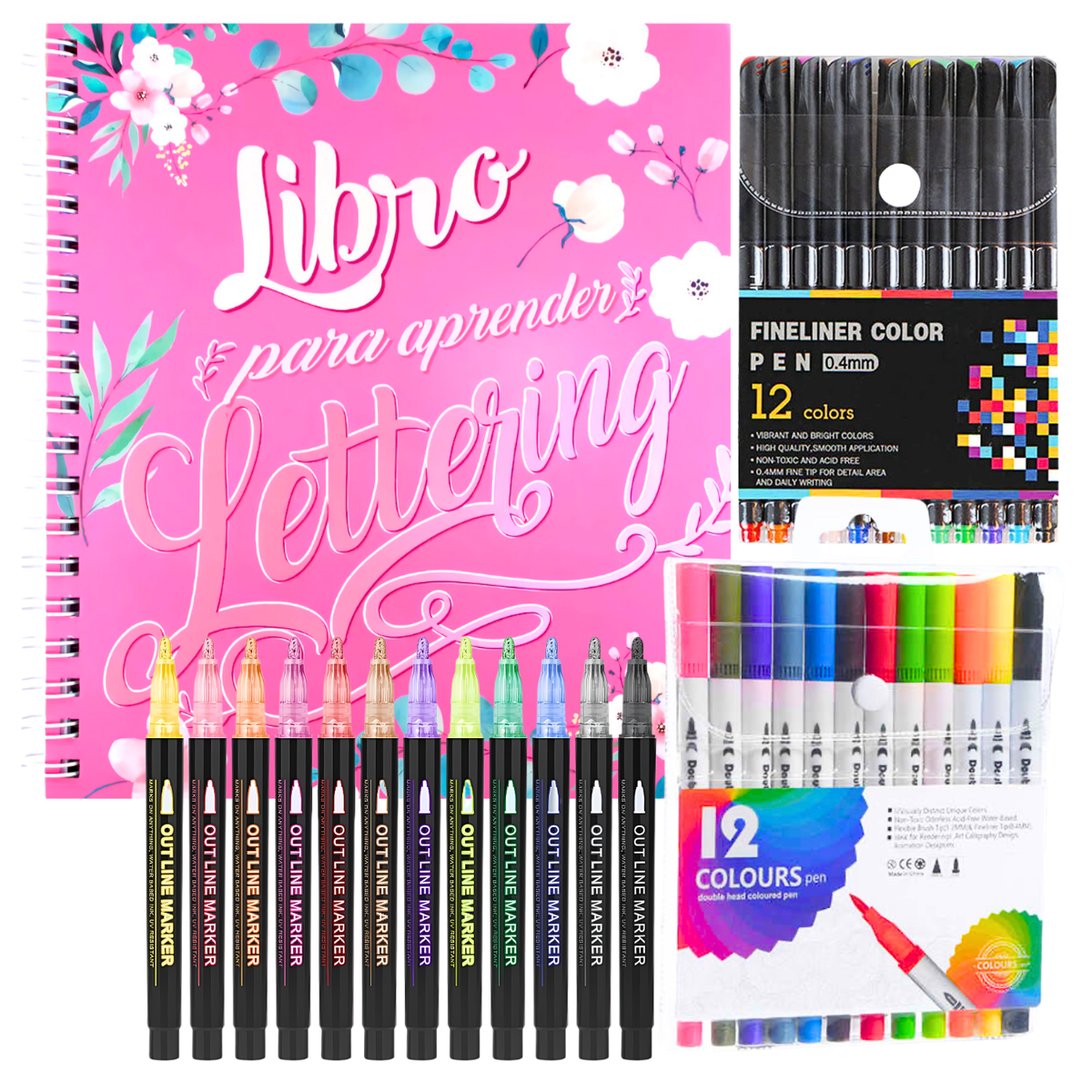 Kit Libro Lettering De 158 Páginas + 3 Set De Plumones