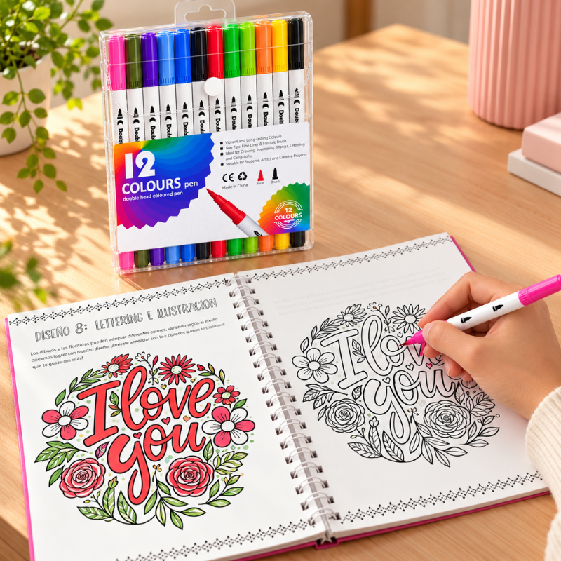 Set Lettering Libro 158 Páginas + 12 Plumones Doble Punta