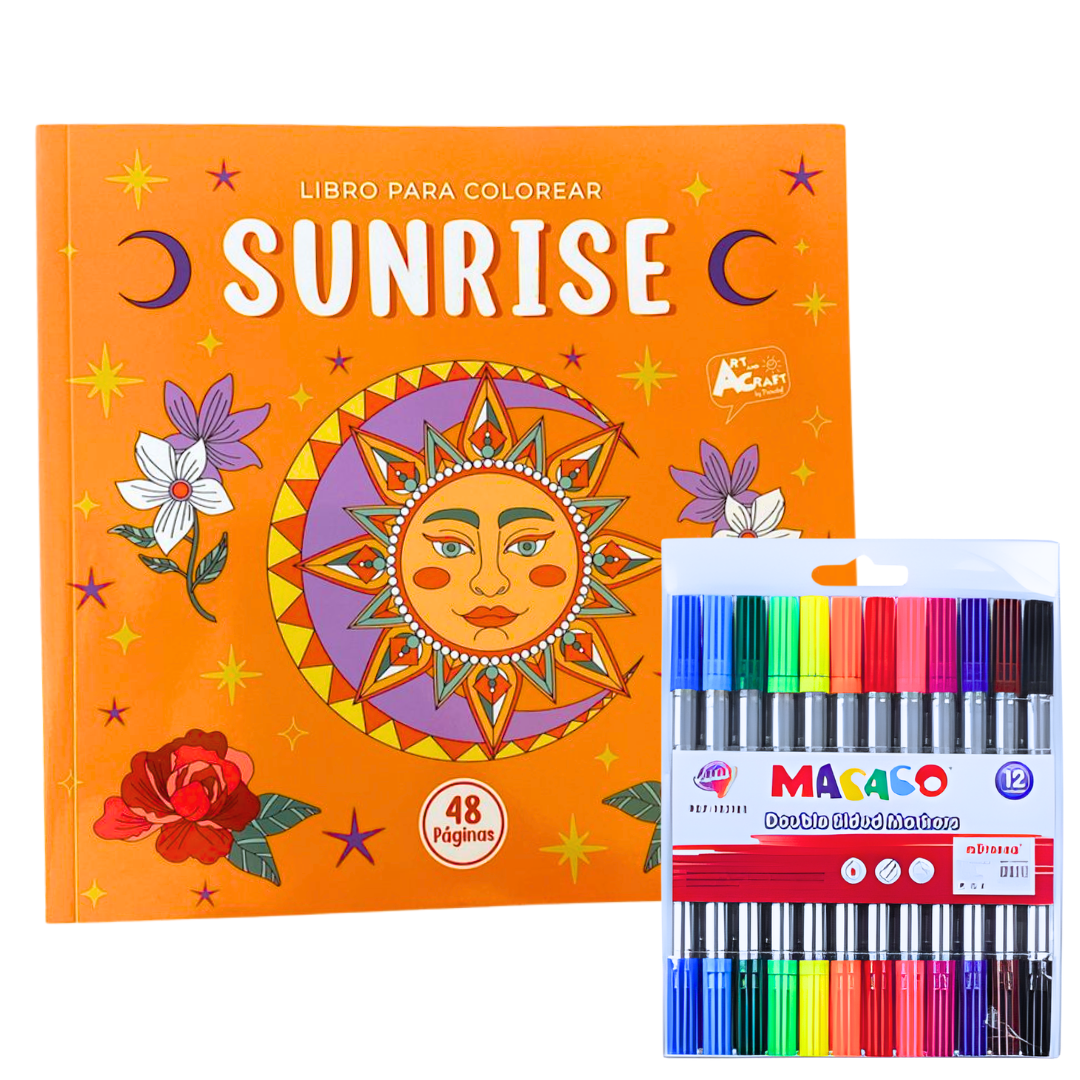 Libro Mandala Sunrise + 12 Plumones Doble Punta Fina/gruesa