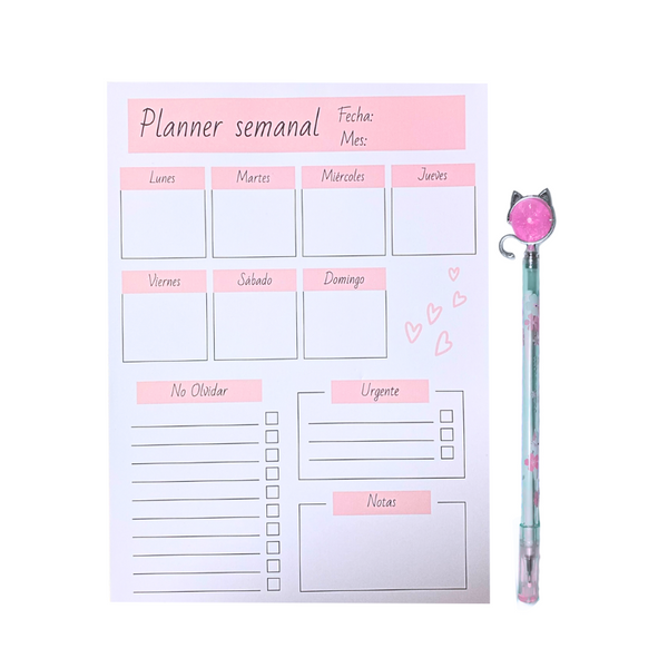 Planificador Semanal + 1 Lápiz Tinta Gel Kawaii