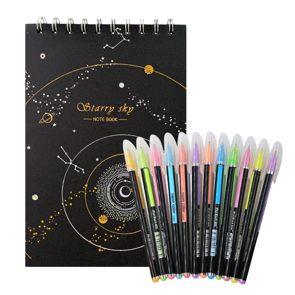 Libreta Hojas Negras + 12 Lápices Gel Colores Pasteles