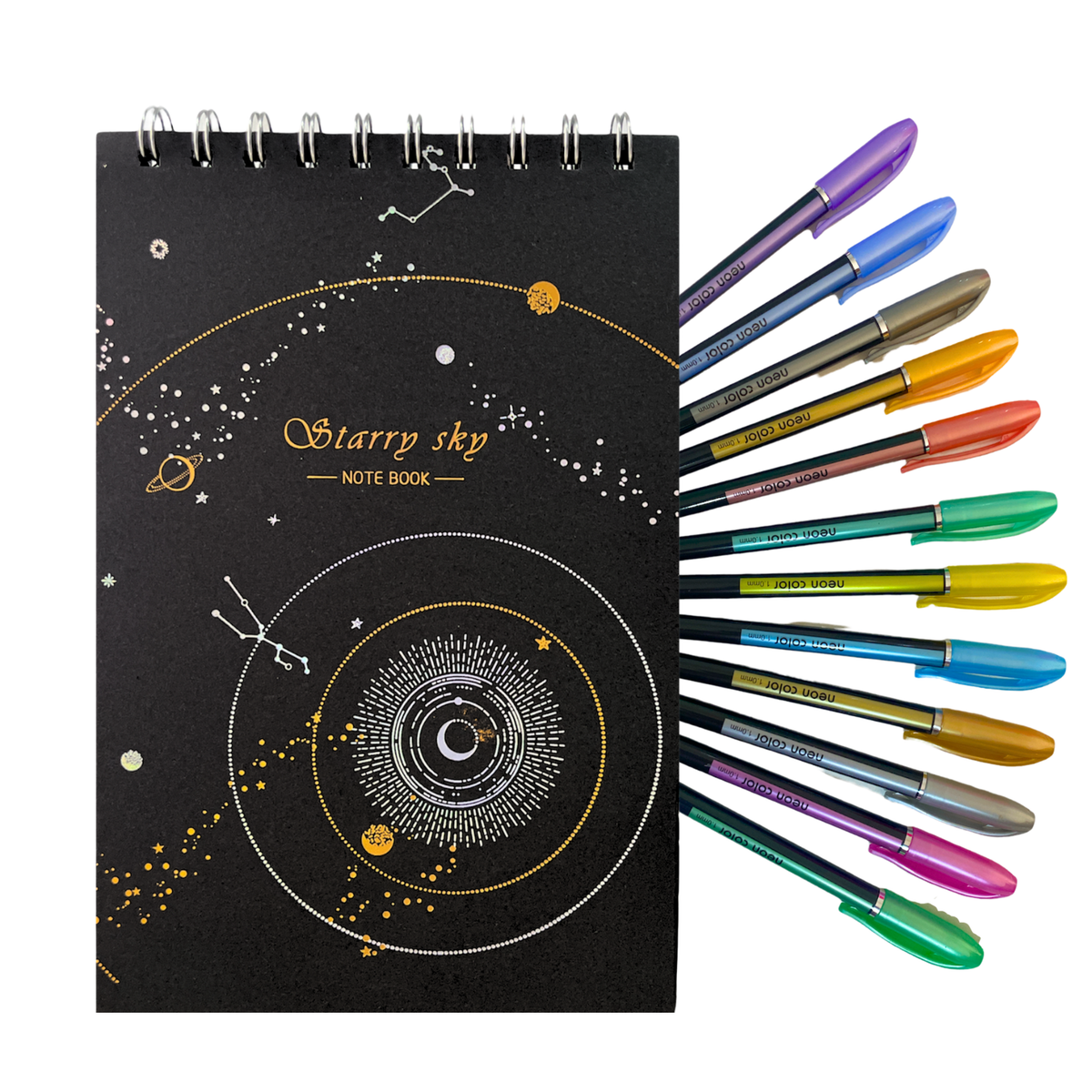 Croquera Hojas Negras + 12 Lápices Metalizados Kawaii