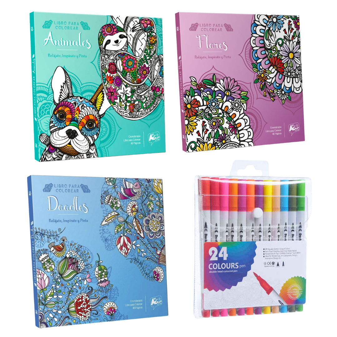Box Regalo Set 3 Libros Mandalas + 24 Lápices Doble Punta