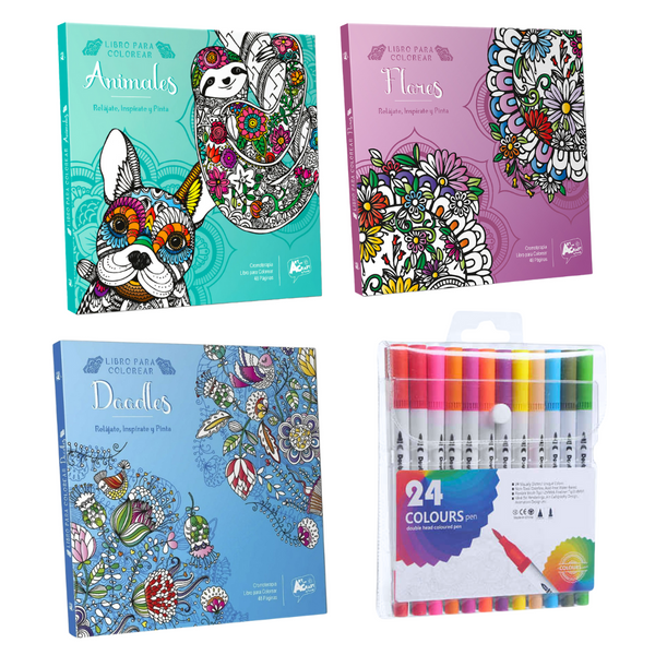 Box Regalo Set 3 Libros Mandalas + 24 Lápices Doble Punta