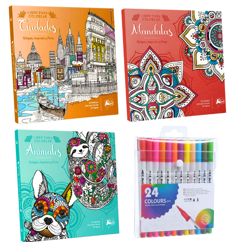 Box Regalo Set 3 Libros Mandalas + 24 Lápices Doble Punta